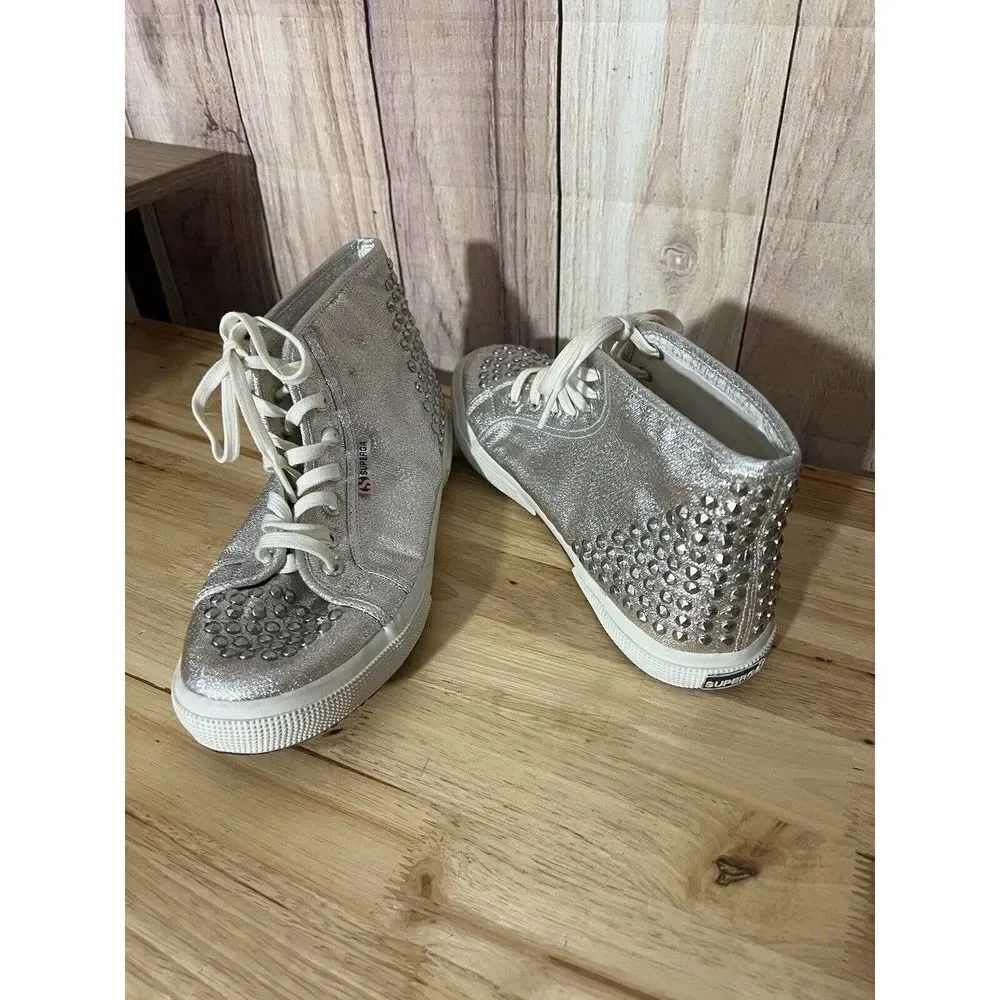 Superga Womens 9 US High Tops Silver Glitter Studded lace up
